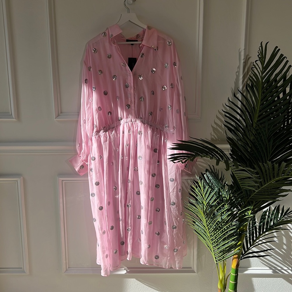 Eloquii Pink Midi Dress with Silver Sequin Dots
